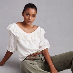 Maeve by Anthropologie Ruffle-Neck Puff-Sleeved Blouse